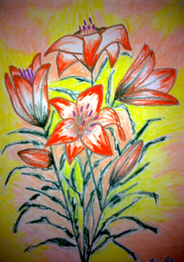 「Orange Lilies on Ye…」というタイトルの絵画 Irina Rabejaによって, オリジナルのアートワーク, パステル