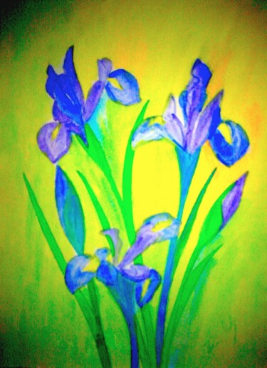 Картина под названием "Irises on Yellow" - Irina Rabeja, Подлинное произведение искусства, Акрил
