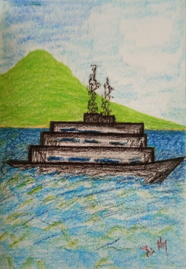 Painting titled "Ship near Rangitoto…" by Irina Rabeja, Original Artwork, Pastel