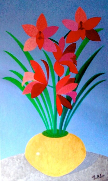 Картина под названием "Red Orchid in Pot" - Irina Rabeja, Подлинное произведение искусства, Масло Установлен на Деревянная р…