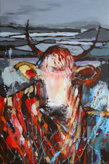 Schilderij getiteld "Cow C02N04" door Irina Rumyantseva, Origineel Kunstwerk, Acryl Gemonteerd op Frame voor houten brancard