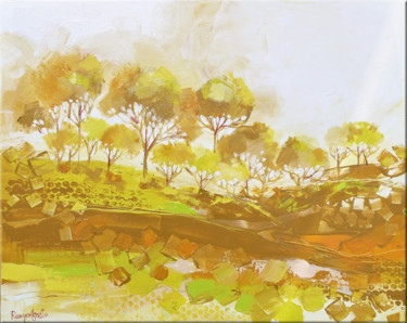 Malarstwo zatytułowany „Golden Landscape 2” autorstwa Irina Rumyantseva, Oryginalna praca, Akryl Zamontowany na Drewniana ra…