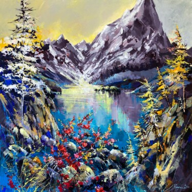 Painting titled "Mountainside Lake V…" by Irina Rumyantseva, Original Artwork, Acrylic Mounted on Wood Stretcher frame