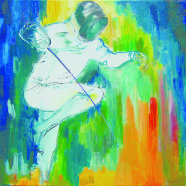 Painting titled "Fencer in a jump" by Iryna Torres, Original Artwork, Oil