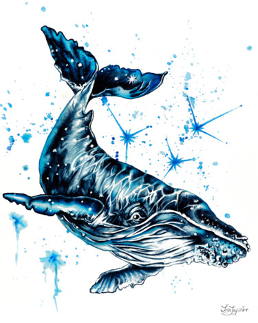 「Humpback whale Bath…」というタイトルの絵画 Irinjoyartによって, オリジナルのアートワーク, 水彩画