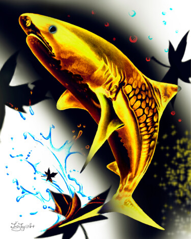 Painting titled "Golden tiger shark…" by Irinjoyart, Original Artwork, Watercolor