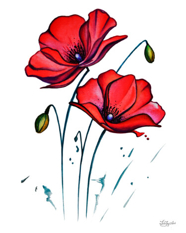 Peinture intitulée "RED POPPY ART PRINT…" par Irinjoyart, Œuvre d'art originale, Aquarelle