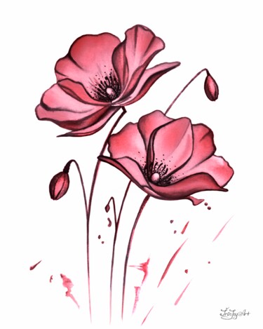 Malarstwo zatytułowany „Flower Poppy 3 Mode…” autorstwa Irinjoyart, Oryginalna praca, Akwarela
