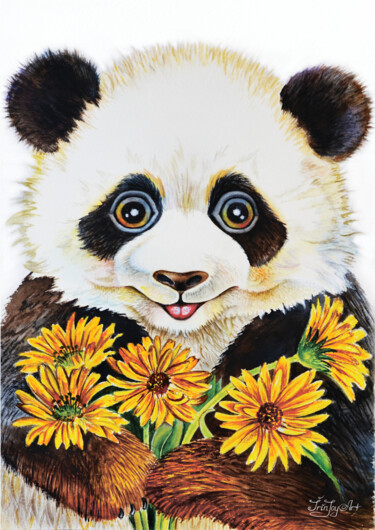 Schilderij getiteld "Personalized Panda…" door Irinjoyart, Origineel Kunstwerk, Aquarel
