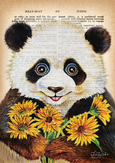 Schilderij getiteld "Panda flowers art N…" door Irinjoyart, Origineel Kunstwerk, Aquarel