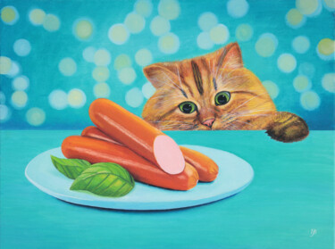 Malarstwo zatytułowany „Cat and sausages” autorstwa Iryna Bohdanova, Oryginalna praca, Olej
