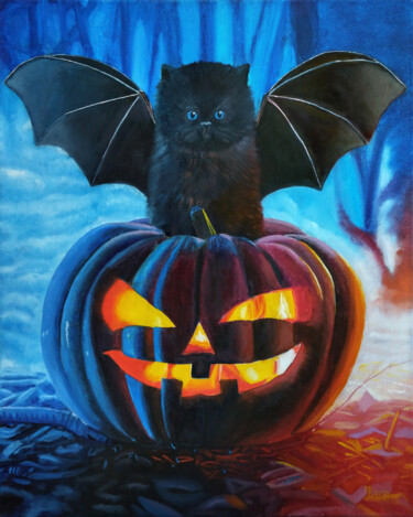 "Kitten and Halloween" başlıklı Tablo Iryna Bohdanova tarafından, Orijinal sanat, Petrol