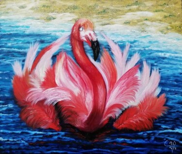 Painting titled "Flamingo At Dawn" by Iryna Fedarava, Original Artwork, Oil Mounted on Wood Stretcher frame