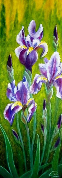 Painting titled "Purple Irises" by Iryna Fedarava, Original Artwork, Oil Mounted on Cardboard