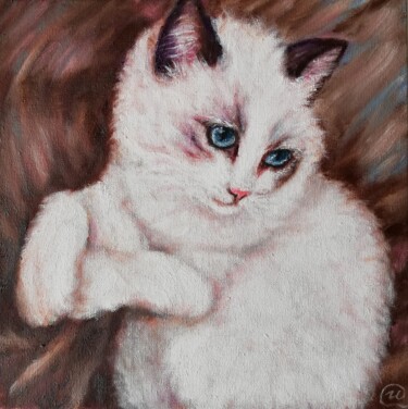Painting titled "White Cat #1" by Iryna Fedarava, Original Artwork, Oil Mounted on Cardboard