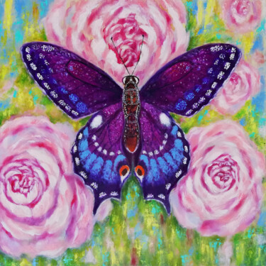 Schilderij getiteld "Purple Butterfly" door Iryna Fedarava, Origineel Kunstwerk, Olie Gemonteerd op Frame voor houten branca…