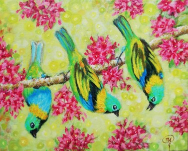 Pintura titulada "Tropical Birds and…" por Iryna Fedarava, Obra de arte original, Oleo Montado en Cartulina