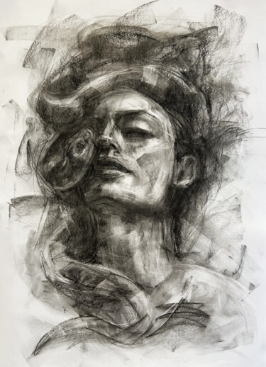 Disegno intitolato "Girl with a snake" da Iryna Kopyrina, Opera d'arte originale, Carbone