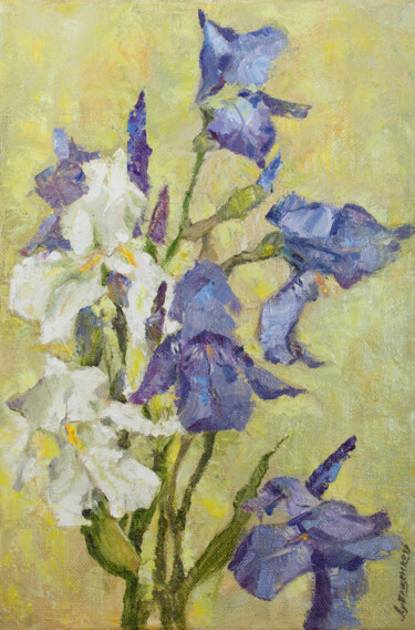 Painting titled "White and blue iris…" by Iryna Lupashchenko, Original Artwork, Oil Mounted on Wood Stretcher frame