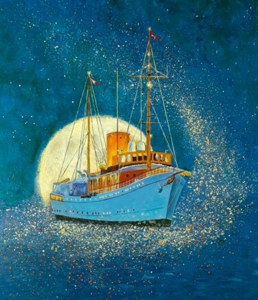 Painting titled "Space Cruise" by Iryna Makhovska, Original Artwork, Acrylic Mounted on Wood Panel