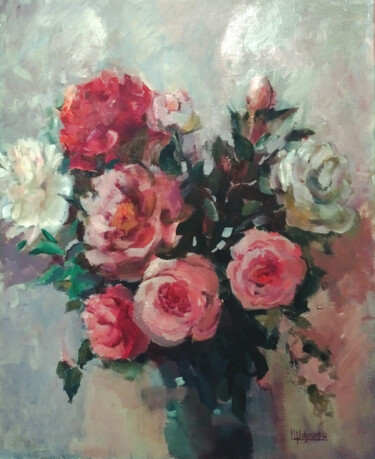Painting titled "Éclat Floral en Lum…" by Iryna Malynovska, Original Artwork, Oil Mounted on Wood Stretcher frame