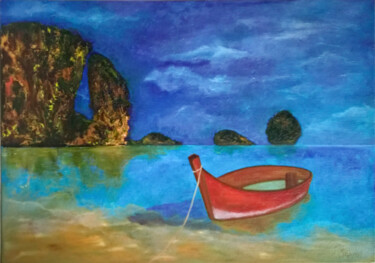 Pittura intitolato "Sea boat painting.…" da Iryna Sapsai, Opera d'arte originale, Olio