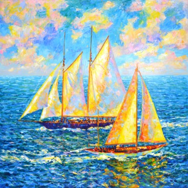 Painting titled "Golden sails." by Iryna Kastsova, Original Artwork, Oil Mounted on Wood Stretcher frame