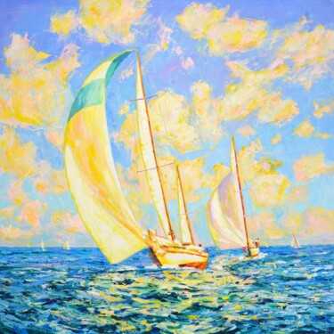 Pintura intitulada "Ocean. Sailboats." por Iryna Kastsova, Obras de arte originais, Óleo Montado em Armação em madeira