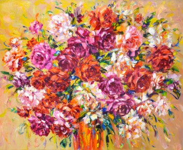 Painting titled "Roses for good luck." by Iryna Kastsova, Original Artwork, Oil Mounted on Wood Stretcher frame