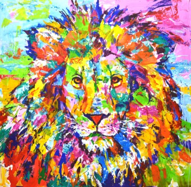 Painting titled "A lion." by Iryna Kastsova, Original Artwork, Acrylic Mounted on Wood Stretcher frame