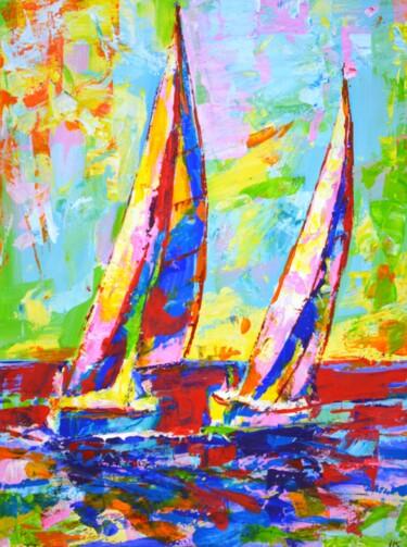 Painting titled "Sailboats 2." by Iryna Kastsova, Original Artwork, Acrylic Mounted on Wood Stretcher frame