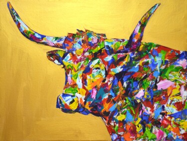 Pittura intitolato "Bull on gold." da Iryna Kastsova, Opera d'arte originale, Acrilico Montato su Telaio per barella in legno