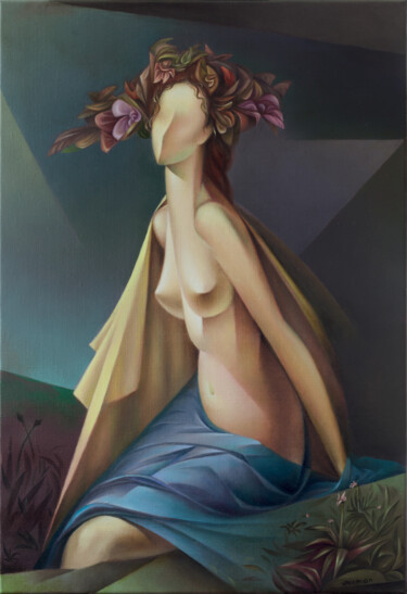 Schilderij getiteld "Flora" door Isaac Feldman, Origineel Kunstwerk, Olie Gemonteerd op Frame voor houten brancard
