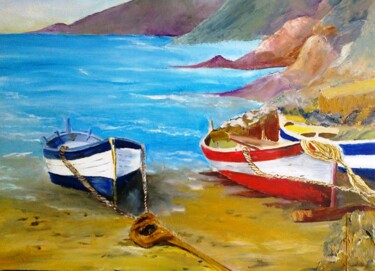 Schilderij getiteld "Barcos I" door Isabel Alfarrobinha, Origineel Kunstwerk, Olie Gemonteerd op Houten paneel