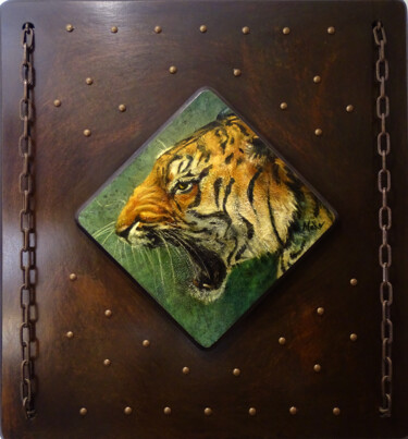 Painting titled "🐯Le Dernier Tigre 🐯…" by Isabel Mahe, Original Artwork, Oil Mounted on Other rigid panel