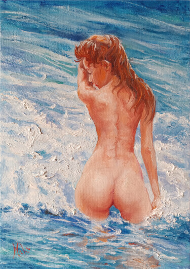 Painting titled "🌊Petite Baigneuse 🌊…" by Isabel Mahe, Original Artwork, Oil Mounted on Wood Stretcher frame