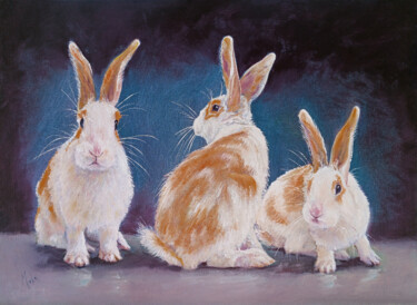 Painting titled "🐇 3 petits Lapins 🐇…" by Isabel Mahe, Original Artwork, Oil Mounted on Cardboard