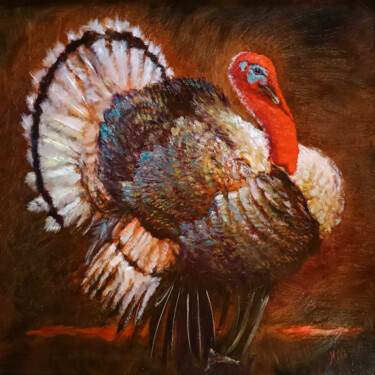 Painting titled "🦃 Dindon 🦃 Turkey" by Isabel Mahe, Original Artwork, Oil Mounted on Cardboard