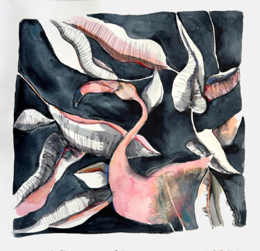 Peinture intitulée "Flamants roses tour…" par Isabelle Barnasson, Œuvre d'art originale, Aquarelle