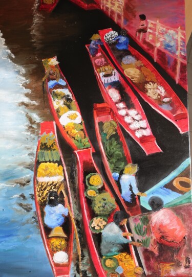 绘画 标题为“Marché Vietnamien” 由Isabelle Blanc, 原创艺术品, 油 安装在木质担架架上
