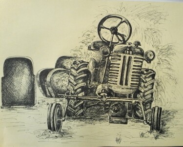 Dessin intitulée "Le tracteur de Linas" par Isabelle Blanc, Œuvre d'art originale, Crayon Monté sur Carton