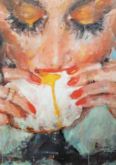 Painting titled "Croque madame" by Isabelle Cotillard, Original Artwork, Oil Mounted on Wood Stretcher frame