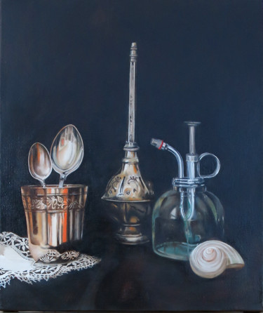 Peinture intitulée "Nature morte argent…" par Isabelle Frances, Œuvre d'art originale, Huile