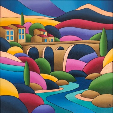 Painting titled "Pont du diable" by Isabelle Gilly, Original Artwork, Acrylic Mounted on Wood Stretcher frame