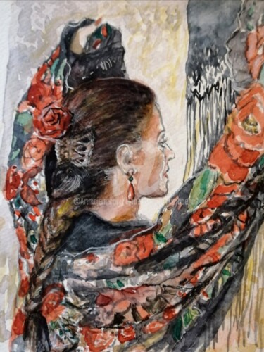 Pintura intitulada "Mujer morena" por Isabelle Jacq (Gamboena), Obras de arte originais, Aquarela
