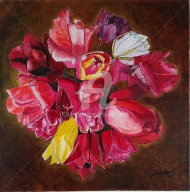 Painting titled "Tulipes 2021" by Isabelle Lucas, Original Artwork, Oil Mounted on Wood Stretcher frame