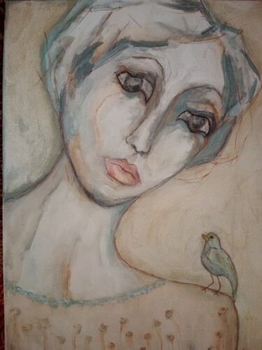 Schilderij getiteld "La femme et l'oiseau" door Isabelle Merle, Origineel Kunstwerk, Aquarel