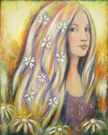 Ζωγραφική με τίτλο "Flowers in your hair" από Isabelle Milloz, Αυθεντικά έργα τέχνης, Ακρυλικό Τοποθετήθηκε στο Ξύλινο φορεί…