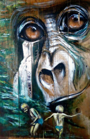 Schilderij getiteld "Gorille sur bois de…" door Isabelle Roye, Origineel Kunstwerk, Olie Gemonteerd op Houten paneel