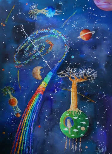 Peinture intitulée "LA PLANETE BAOBAB" par Isabelle Zwang, Œuvre d'art originale, Aquarelle